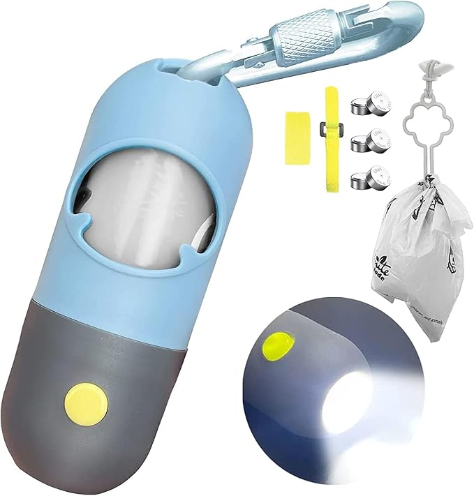Dog Poop Bag Dispenser with Built-in LED Flashlight &amp; Heavy-Duty Metal Leash Clip – Portable Pet Waste Bag Holder for Dog Walking, Travel &amp; Outdoor Adventures, Crystal Blue