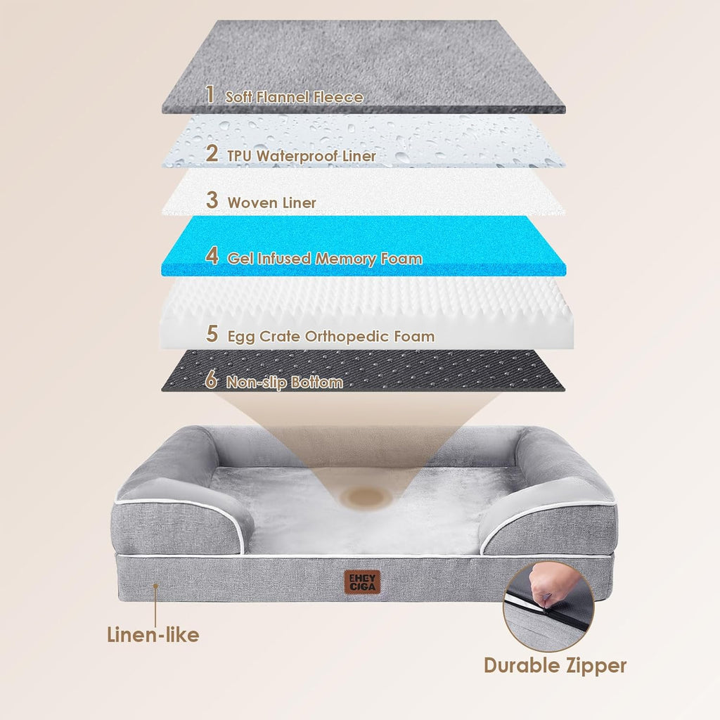 EHEYCIGA Orthopedic Dog Bed for Extra Large Dogs – 44 x 32 Inch Waterproof Memory Foam XL Pet Bed with Bolster Sides, Egg-Crate Foam, Non-Slip Bottom & Washable Removable Cover (Grey)
