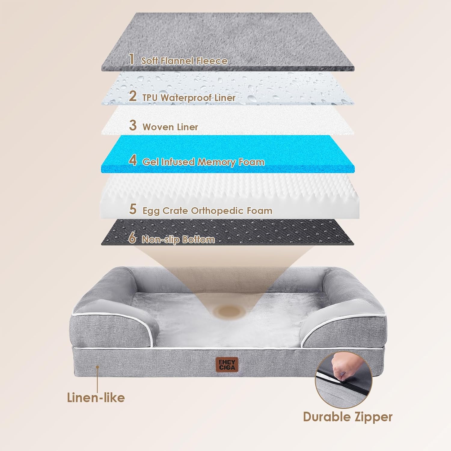 EHEYCIGA Orthopedic Dog Bed for Extra Large Dogs – 44 x 32 Inch Waterproof Memory Foam XL Pet Bed with Bolster Sides, Egg-Crate Foam, Non-Slip Bottom & Washable Removable Cover (Grey)