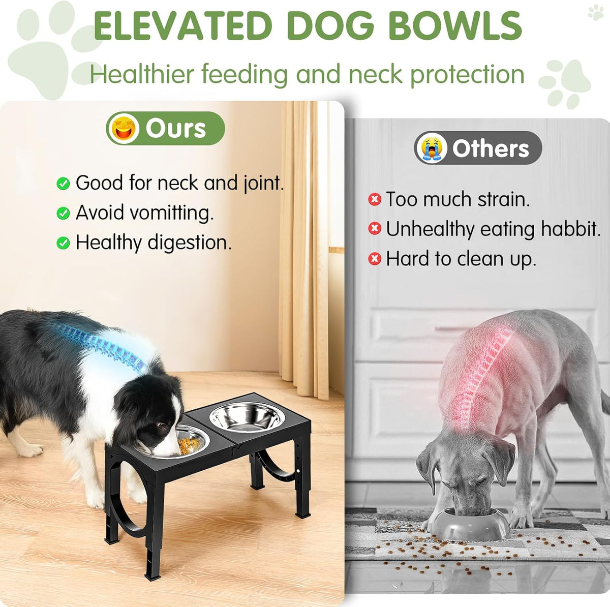 XIAZ Elevated Dog Bowls – Adjustable Raised Dog Bowl Stand for Large &amp; Medium Dogs with Stainless Steel Food &amp; Water Bowls (5 Height Settings, Black)