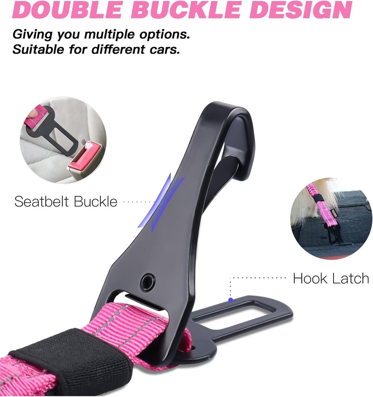 AUBELL Dog Seat Belt for Car – Updated 3-in-1 Adjustable Reflective Bungee Heavy Duty Dog Car Harness Tether with Clip Hook Latch &amp; Buckle, Swivel Zinc Alloy Carabiner (Hot Pink)