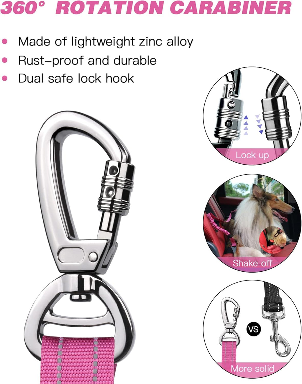 AUBELL Dog Seat Belt for Car – Updated 3-in-1 Adjustable Reflective Bungee Heavy Duty Dog Car Harness Tether with Clip Hook Latch &amp; Buckle, Swivel Zinc Alloy Carabiner (Hot Pink)