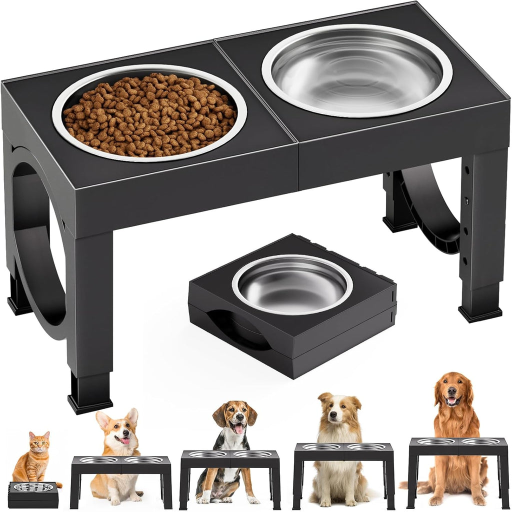 XIAZ Elevated Dog Bowls – Adjustable Raised Dog Bowl Stand for Large &amp; Medium Dogs with Stainless Steel Food &amp; Water Bowls (5 Height Settings, Black)