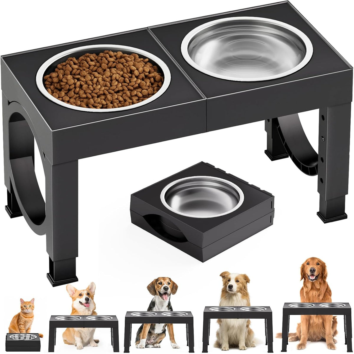 XIAZ Elevated Dog Bowls – Adjustable Raised Dog Bowl Stand for Large &amp; Medium Dogs with Stainless Steel Food &amp; Water Bowls (5 Height Settings, Black)