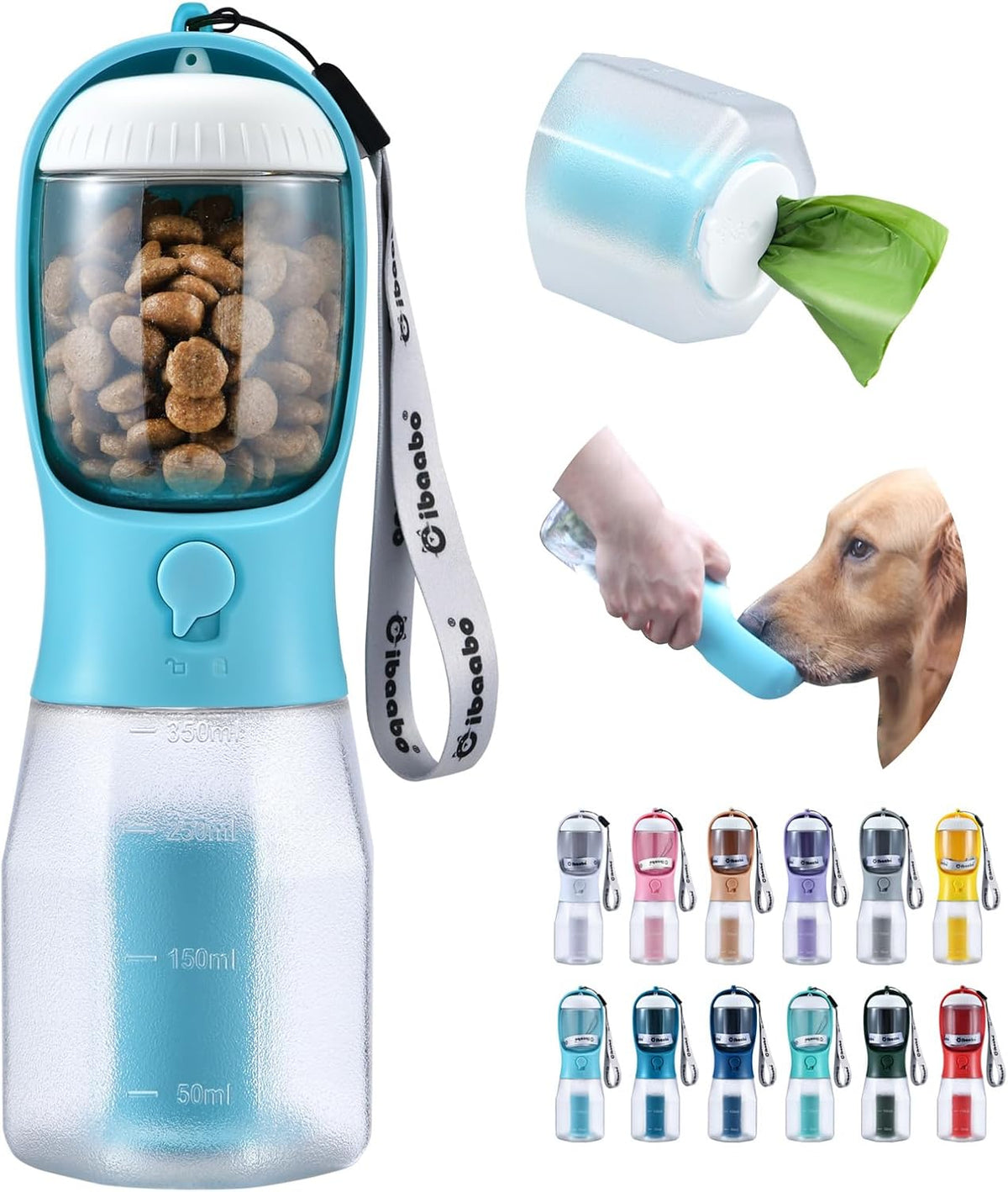 Cibaabo Dog Water Bottle with Food Container & Poop Bag Holder – Portable Travel Pet Water Dispenser for Walking, Hiking & Outdoor Adventures