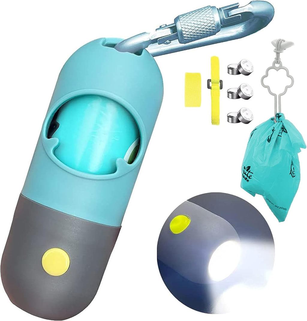 Dog Poop Bag Dispenser with Built-in LED Flashlight &amp; Heavy-Duty Metal Leash Clip – Portable Pet Waste Bag Holder for Dog Walking, Travel &amp; Outdoor Adventures, Crystal Blue