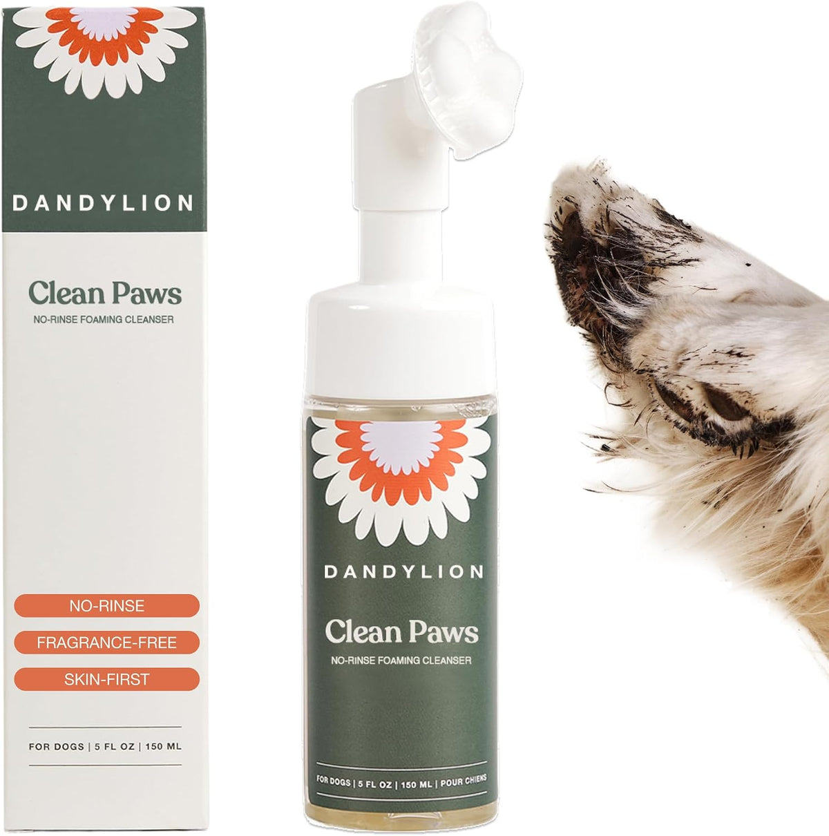 Dandylion Dog Paw Cleaner – Clean Paws No-Rinse Foam Washer with Silicone Brush