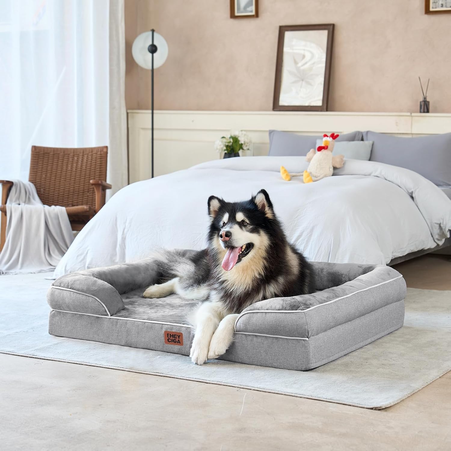 EHEYCIGA Orthopedic Dog Bed for Extra Large Dogs – 44 x 32 Inch Waterproof Memory Foam XL Pet Bed with Bolster Sides, Egg-Crate Foam, Non-Slip Bottom & Washable Removable Cover (Grey)