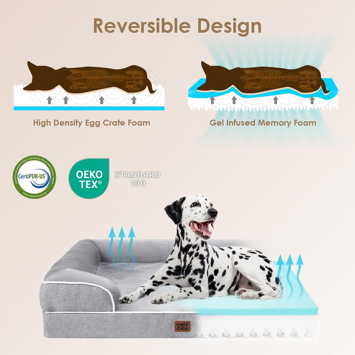 EHEYCIGA Orthopedic Dog Bed for Extra Large Dogs – 44 x 32 Inch Waterproof Memory Foam XL Pet Bed with Bolster Sides, Egg-Crate Foam, Non-Slip Bottom & Washable Removable Cover (Grey)