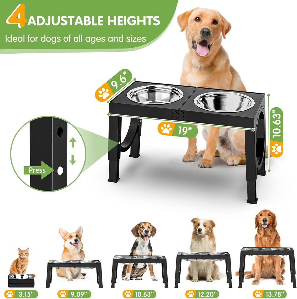 XIAZ Elevated Dog Bowls – Adjustable Raised Dog Bowl Stand for Large &amp; Medium Dogs with Stainless Steel Food &amp; Water Bowls (5 Height Settings, Black)