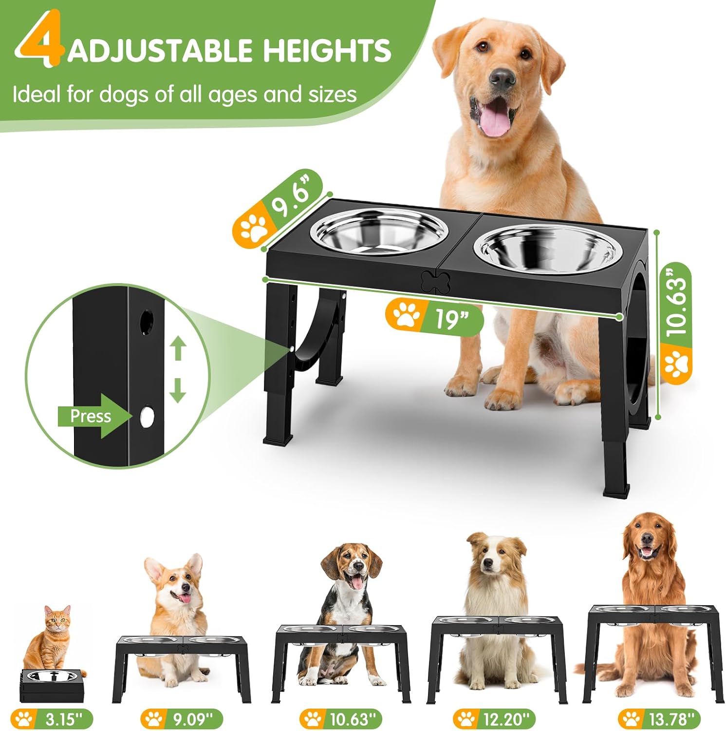 XIAZ Elevated Dog Bowls – Adjustable Raised Dog Bowl Stand for Large &amp; Medium Dogs with Stainless Steel Food &amp; Water Bowls (5 Height Settings, Black)