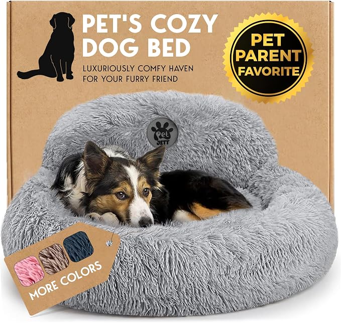 PetJett Calming Dog Bed Medium Size Dog - 30'' Donut Bed, Washable Dog Bed, Anti-Slip & Super Soft Fluffy Plush Round Dog Bed, Anti-Anxiety Premium Comfort Pet Bed, Fits Dogs Upto 45 lbs - Dark Grey