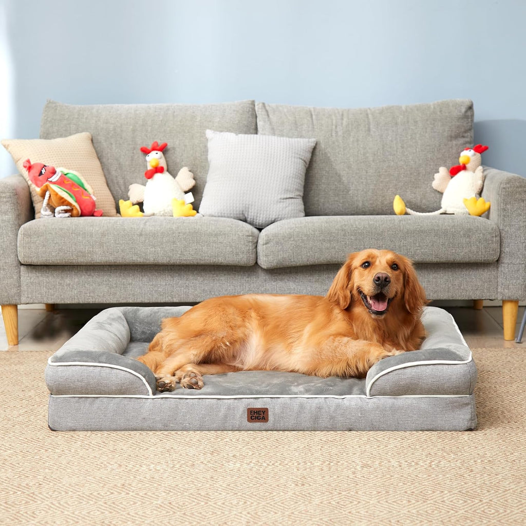EHEYCIGA Orthopedic Dog Bed for Extra Large Dogs – 44 x 32 Inch Waterproof Memory Foam XL Pet Bed with Bolster Sides, Egg-Crate Foam, Non-Slip Bottom & Washable Removable Cover (Grey)