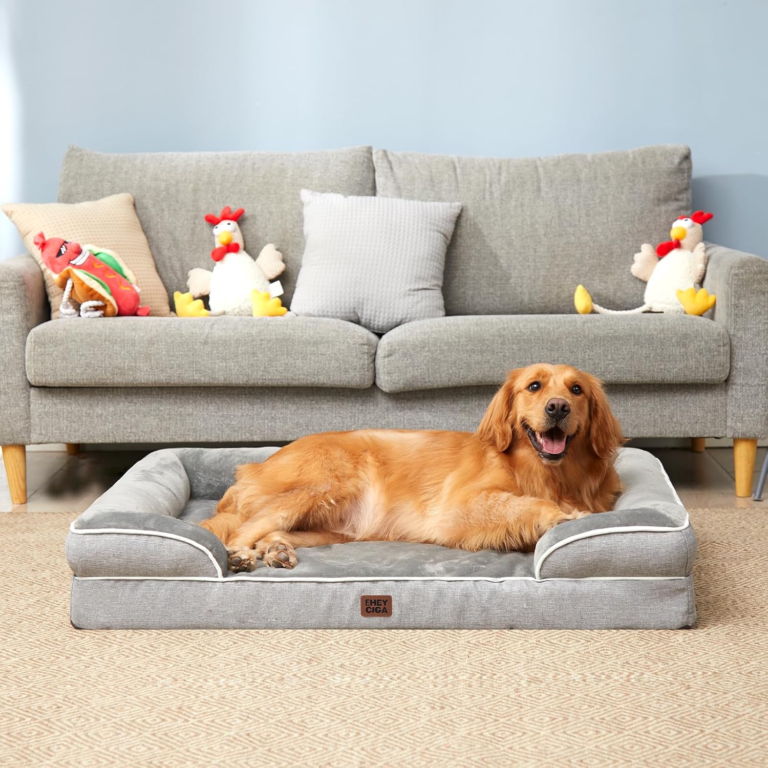 EHEYCIGA Orthopedic Dog Bed for Extra Large Dogs – 44 x 32 Inch Waterproof Memory Foam XL Pet Bed with Bolster Sides, Egg-Crate Foam, Non-Slip Bottom & Washable Removable Cover (Grey)
