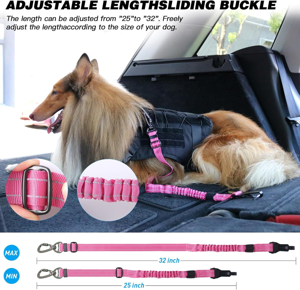AUBELL Dog Seat Belt for Car – Updated 3-in-1 Adjustable Reflective Bungee Heavy Duty Dog Car Harness Tether with Clip Hook Latch &amp; Buckle, Swivel Zinc Alloy Carabiner (Hot Pink)