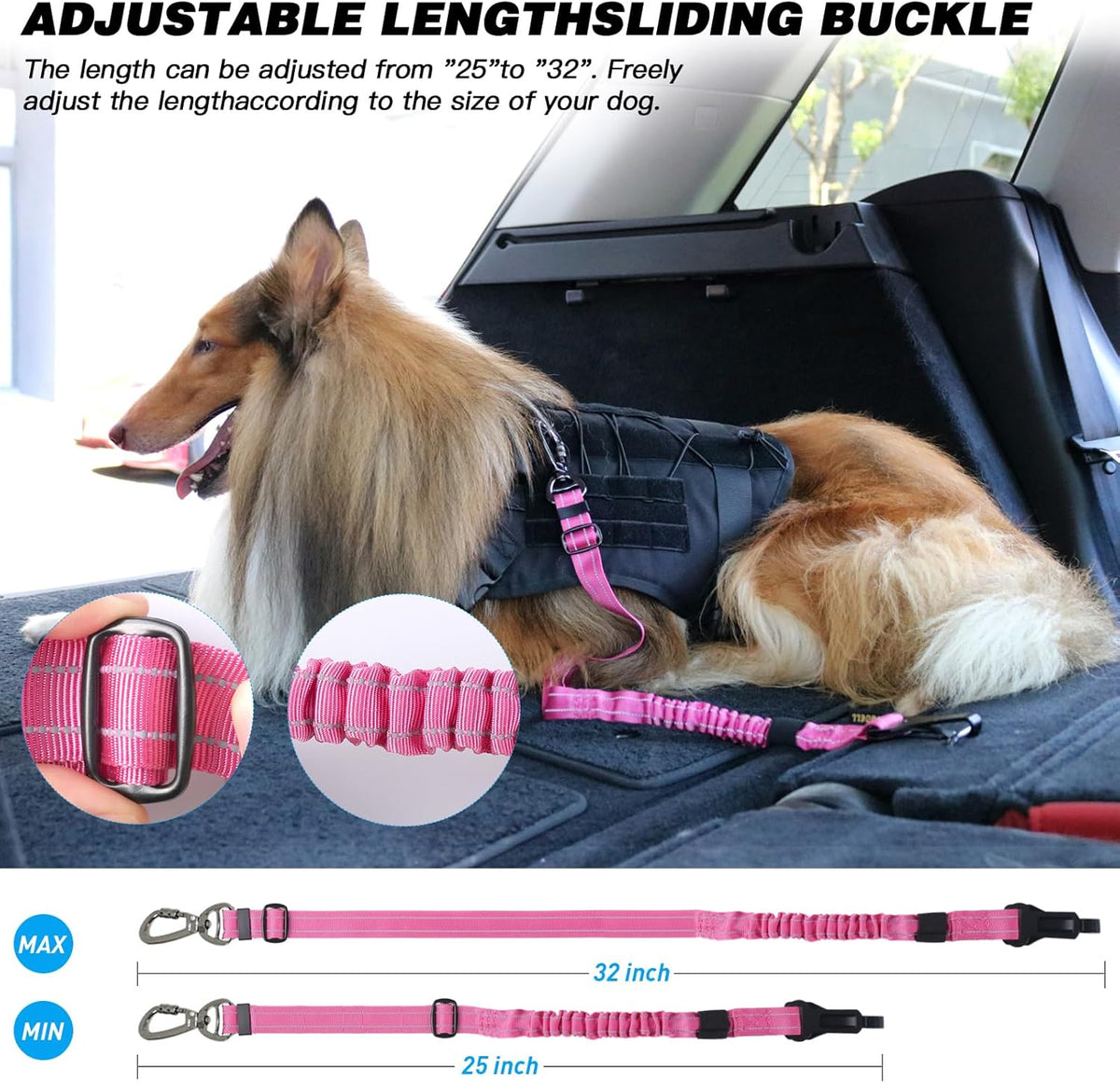 AUBELL Dog Seat Belt for Car – Updated 3-in-1 Adjustable Reflective Bungee Heavy Duty Dog Car Harness Tether with Clip Hook Latch &amp; Buckle, Swivel Zinc Alloy Carabiner (Hot Pink)