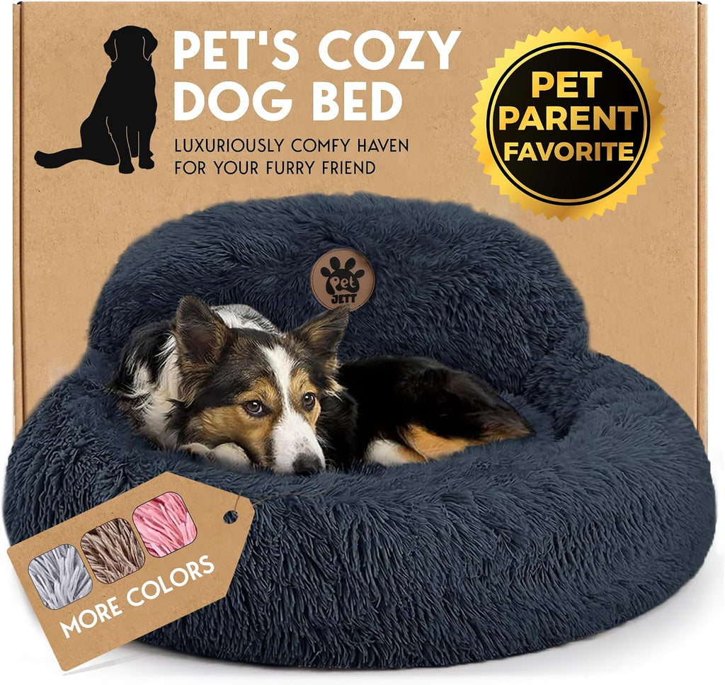 PetJett Calming Dog Bed Medium Size Dog - 30'' Donut Bed, Washable Dog Bed, Anti-Slip & Super Soft Fluffy Plush Round Dog Bed, Anti-Anxiety Premium Comfort Pet Bed, Fits Dogs Upto 45 lbs - Dark Grey