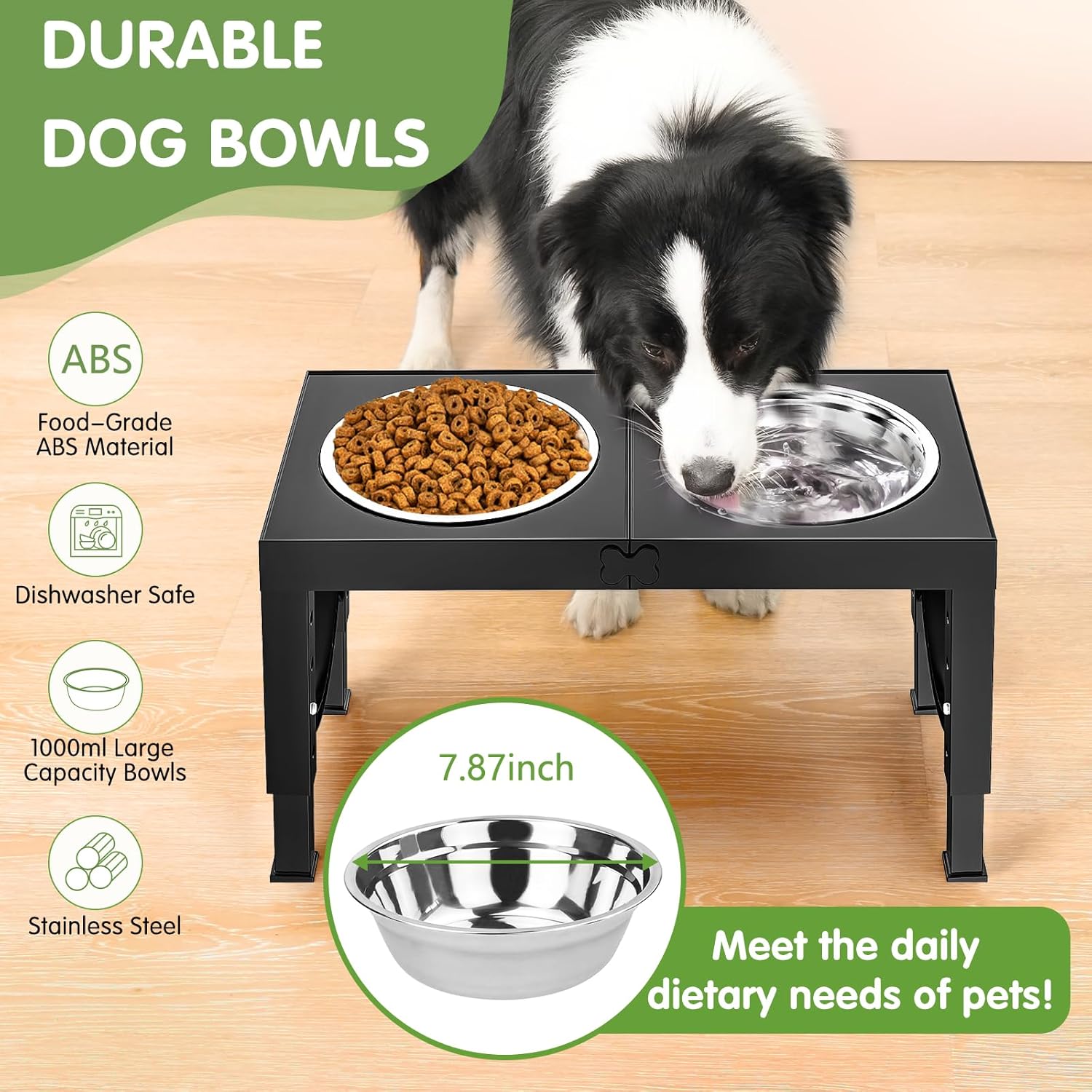 XIAZ Elevated Dog Bowls – Adjustable Raised Dog Bowl Stand for Large &amp; Medium Dogs with Stainless Steel Food &amp; Water Bowls (5 Height Settings, Black)